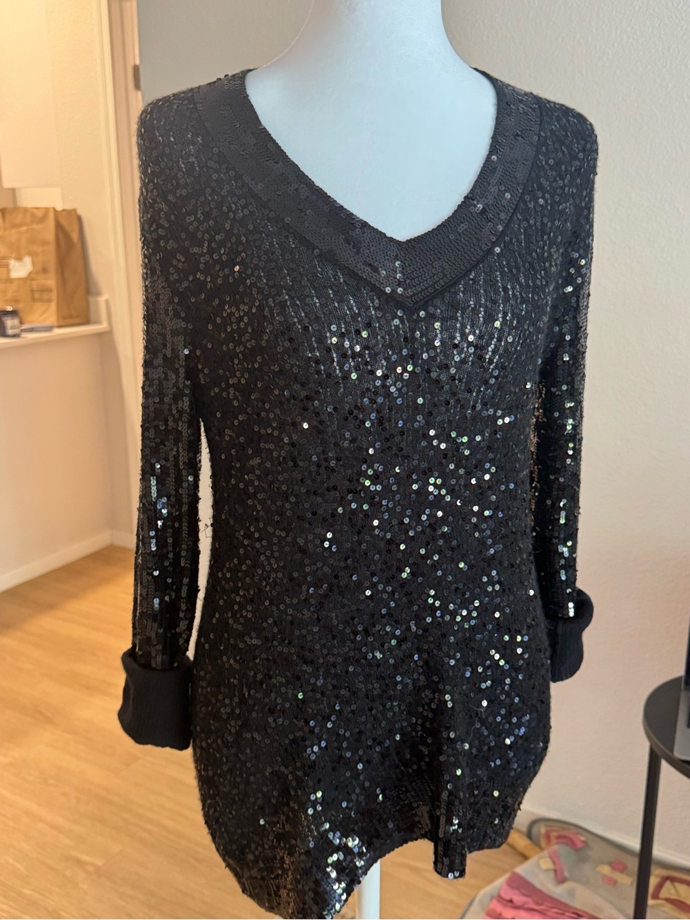 Donna Karan Black Sequin V-Neck Sweater
